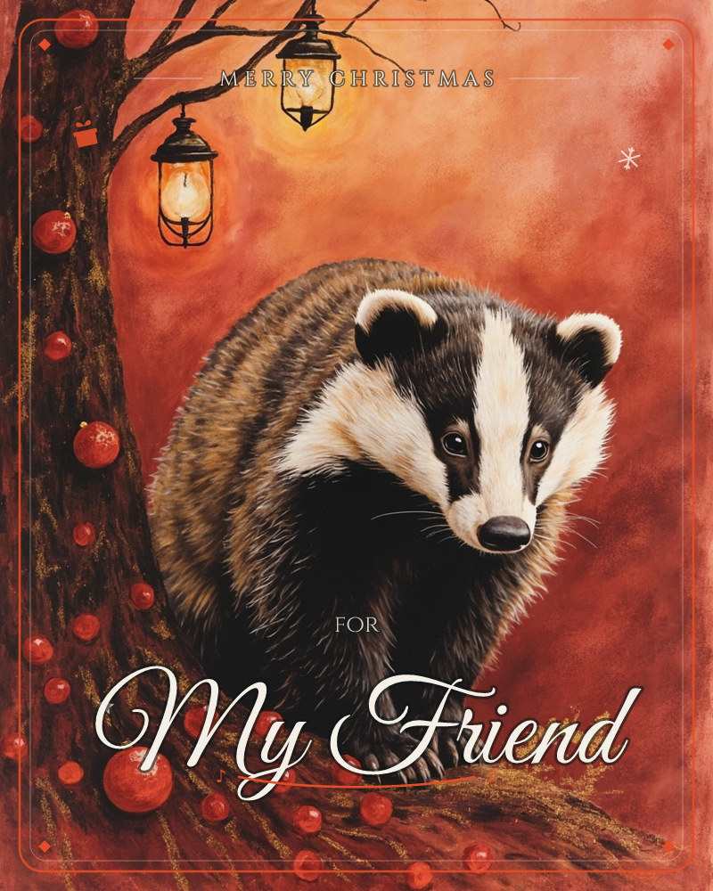A badger pauses on a mossy branch beside a bare tree strung with red berries and two glowing lanterns, all set against a deep russet-orange background, a christmas e-card design
