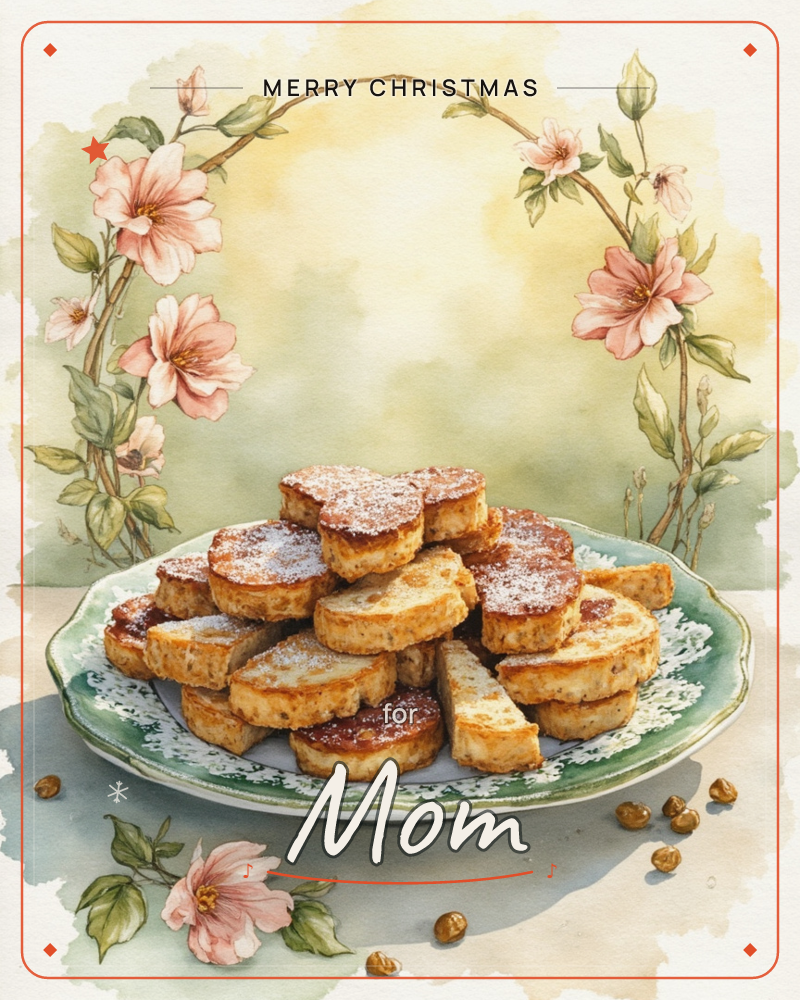 A green-rimmed lace plate is piled high with golden pan-fried cookies dusted with powdered sugar, framed by an arch of blush-pink wild roses on…, a christmas e-card design