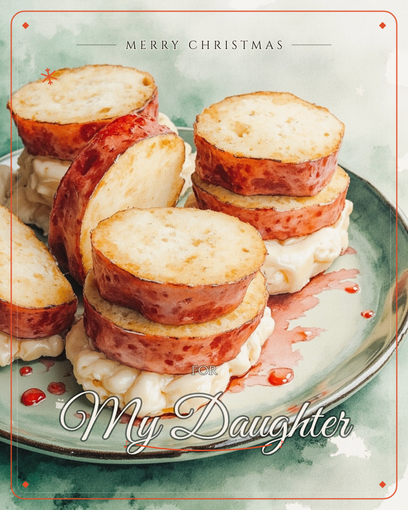 A pale green plate holds small stacked bites of golden bread rounds layered with rich cured sausage slices and a creamy pale filling, with a few drops…, a christmas e-card design