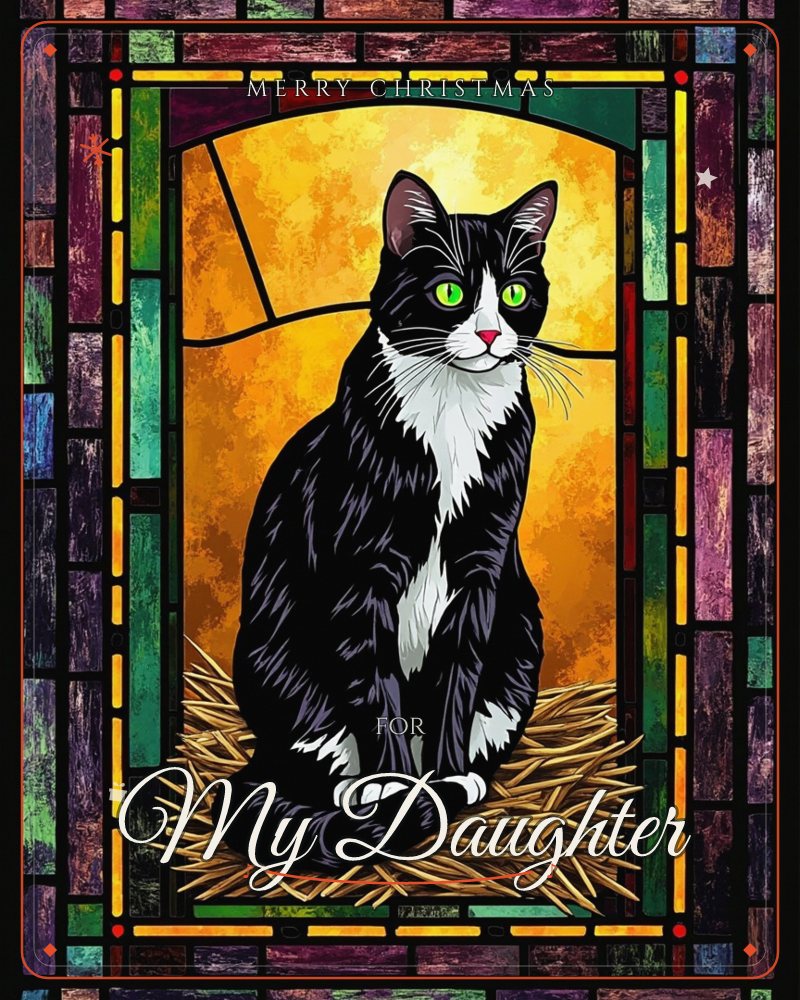 A black-and-white tuxedo cat sits primly on a bed of golden straw, its bright green eyes and pink nose glowing against a warm amber background inside…, a christmas e-card design