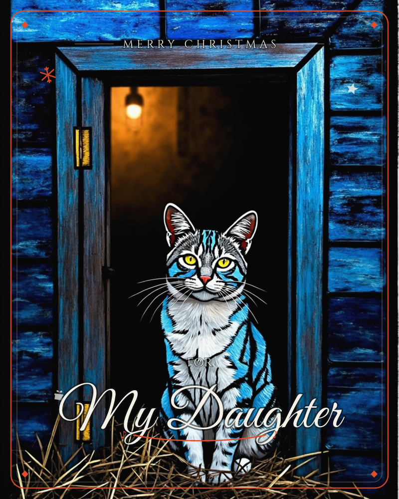 A striped blue-and-white cat sits watchfully in the open doorway of a weathered blue wooden barn, straw scattered at its feet, a christmas e-card design