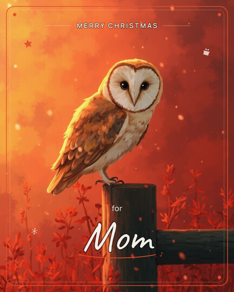 A barn owl perches on a wooden fence post, its heart-shaped face turned toward the viewer with large dark eyes, a christmas e-card design