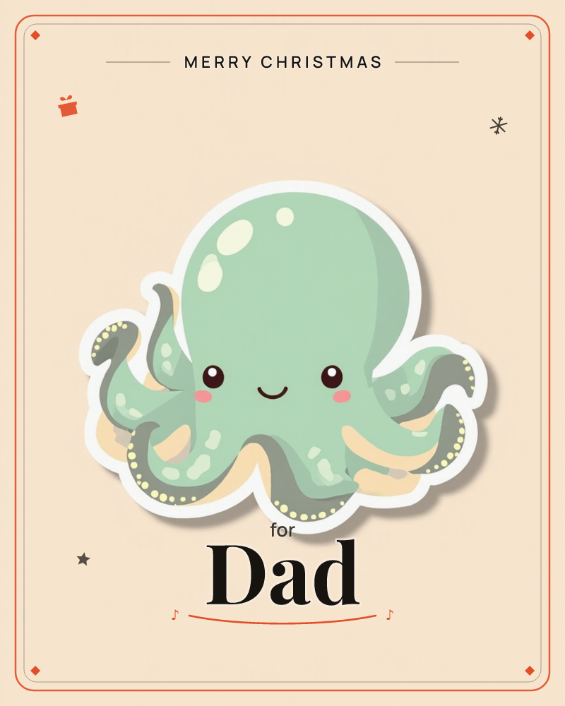 A cheerful sage-green octopus sits sticker-style on a soft peach background, its eight curling tentacles dotted with pale spots and lined in cream, a christmas e-card design