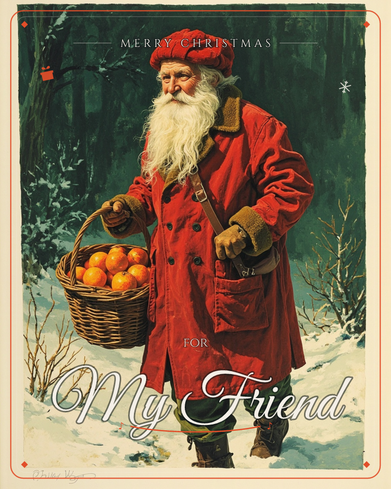 A white-bearded man in a long red coat and matching cap walks through a snowy forest, carrying a woven basket heaped with oranges, a christmas e-card design