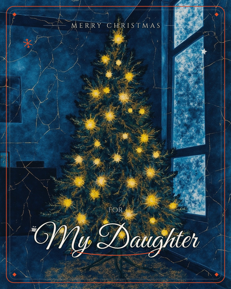 A Christmas tree glows with golden starburst lights in a darkened room, its deep blue walls webbed with fine crackled lines like old varnish, a christmas e-card design