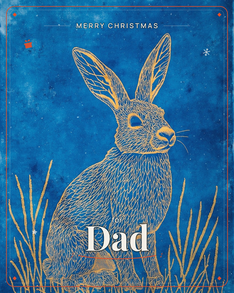 A gold-lined hare sits alert among tall grasses, its long ears raised against a deep mottled indigo background flecked like a starry night sky, a christmas e-card design