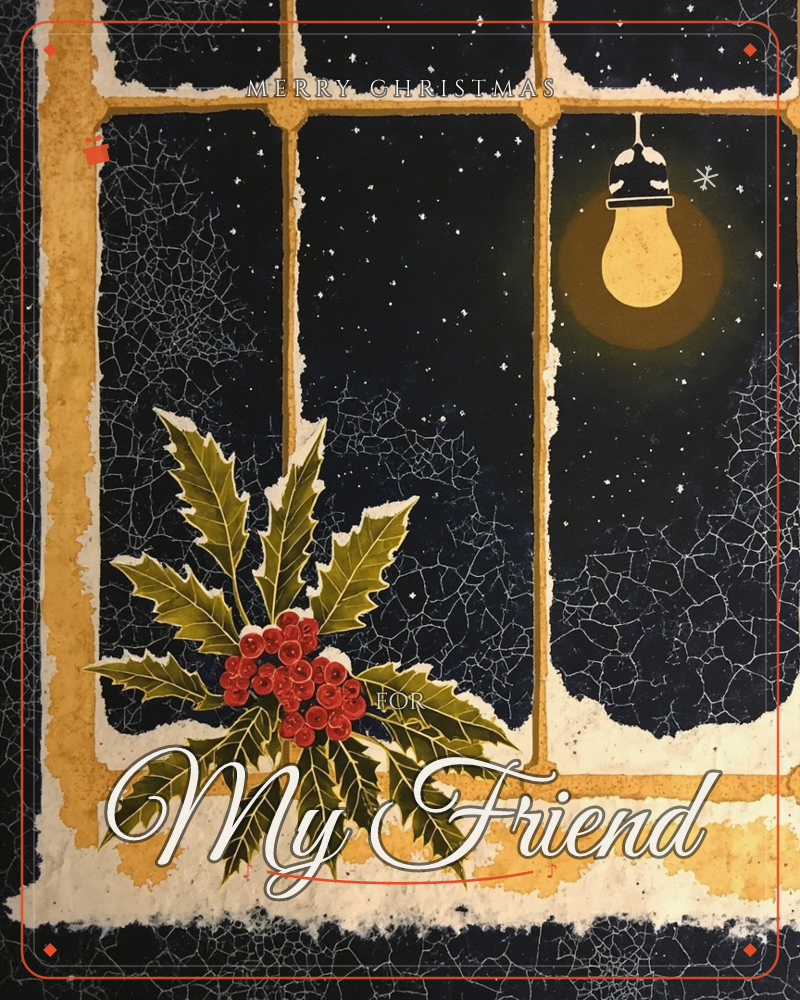 A window with gold-crackled panes looks out onto a starry midnight-blue sky, snow banked along the frame's edge, a christmas e-card design