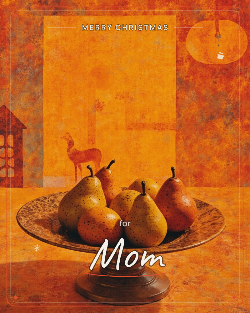 A rustic pedestal dish piled high with speckled pears sits against a warm amber backdrop, where a faint painted horse and a small house silhouette glow…, a christmas e-card design
