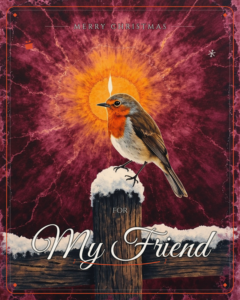 A robin with a bright orange breast perches on a snow-capped wooden fence post, set against a deep magenta sky that bursts into a golden sunburst…, a christmas e-card design