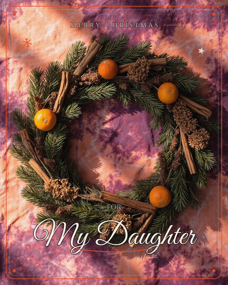 A photographic close-up shows a fresh evergreen wreath studded with cinnamon sticks, dried pinecones, and small clementines, laid flat against a…, a christmas e-card design