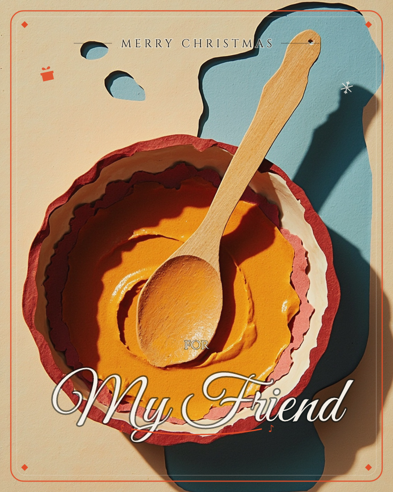 A paper-craft still life shows a terracotta-red bowl filled with thick orange paint or batter, a wooden spoon resting inside it, a christmas e-card design