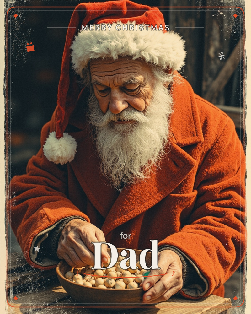 A weathered old man in a red Santa coat and fur-trimmed hat sits at a wooden table, his long white beard catching warm sunlight as he sorts hazelnuts…, a christmas e-card design