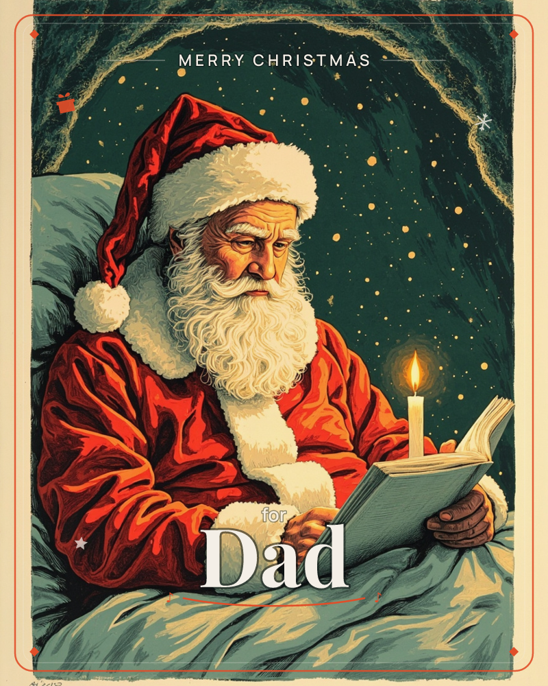 Santa Claus sits propped against pillows, reading a book by the light of a single candle, his red coat and white beard glowing warm against a deep…, a christmas e-card design