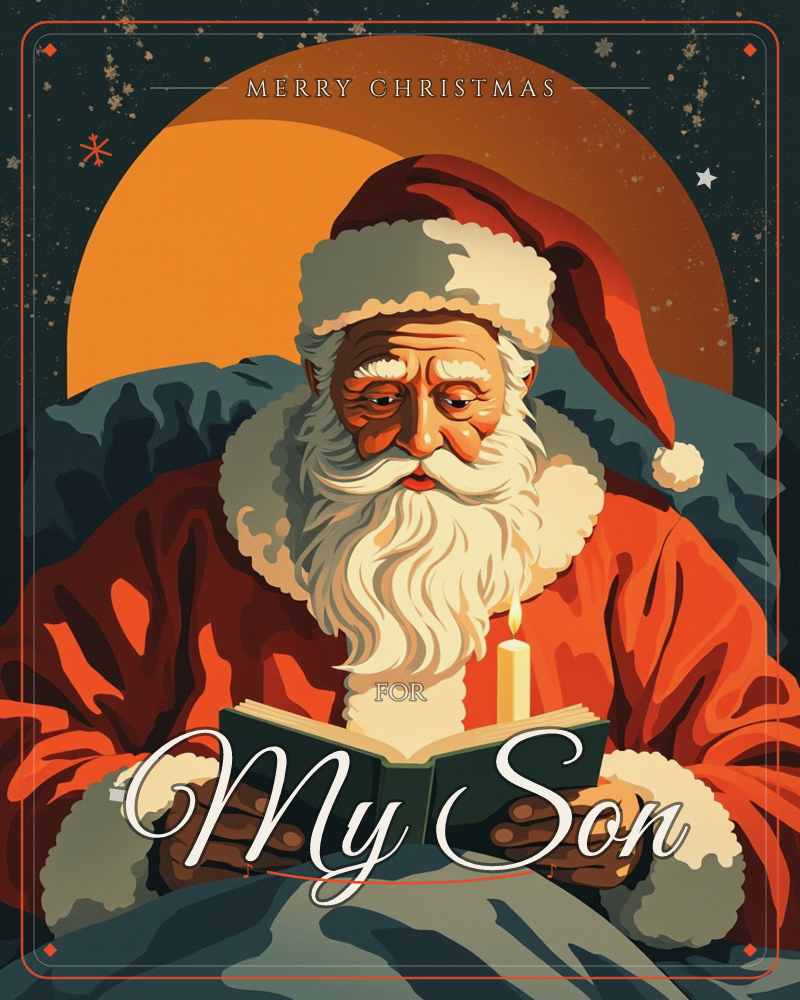 Santa Claus sits reading a book by candlelight, his sack slung over one shoulder, framed by a huge glowing orange moon against a star-flecked night sky, a christmas e-card design