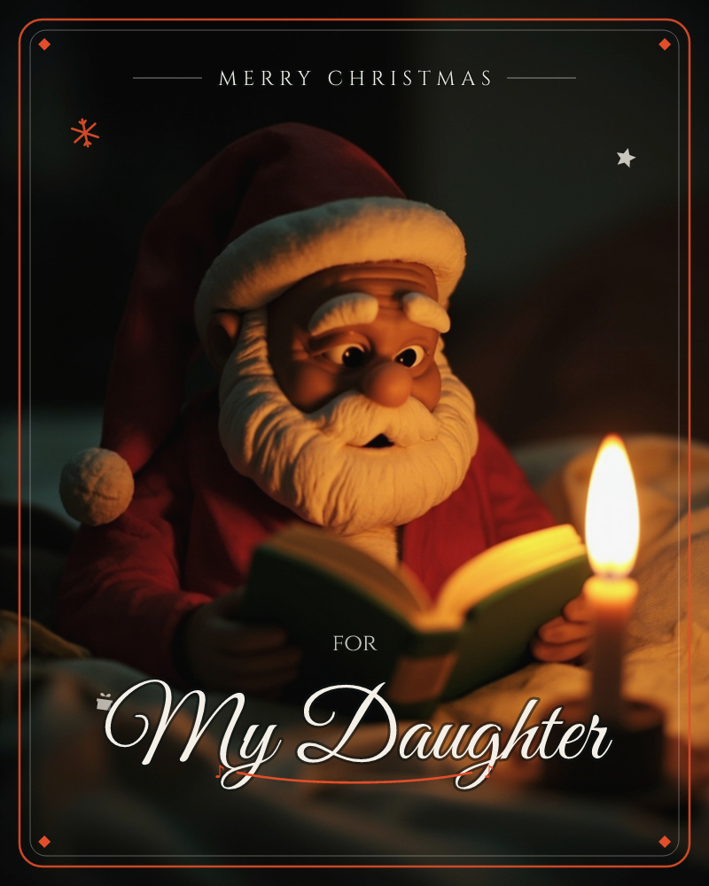 A figurine of Santa Claus lies propped on rumpled bedding, reading a green book by the light of a single lit candle, a christmas e-card design