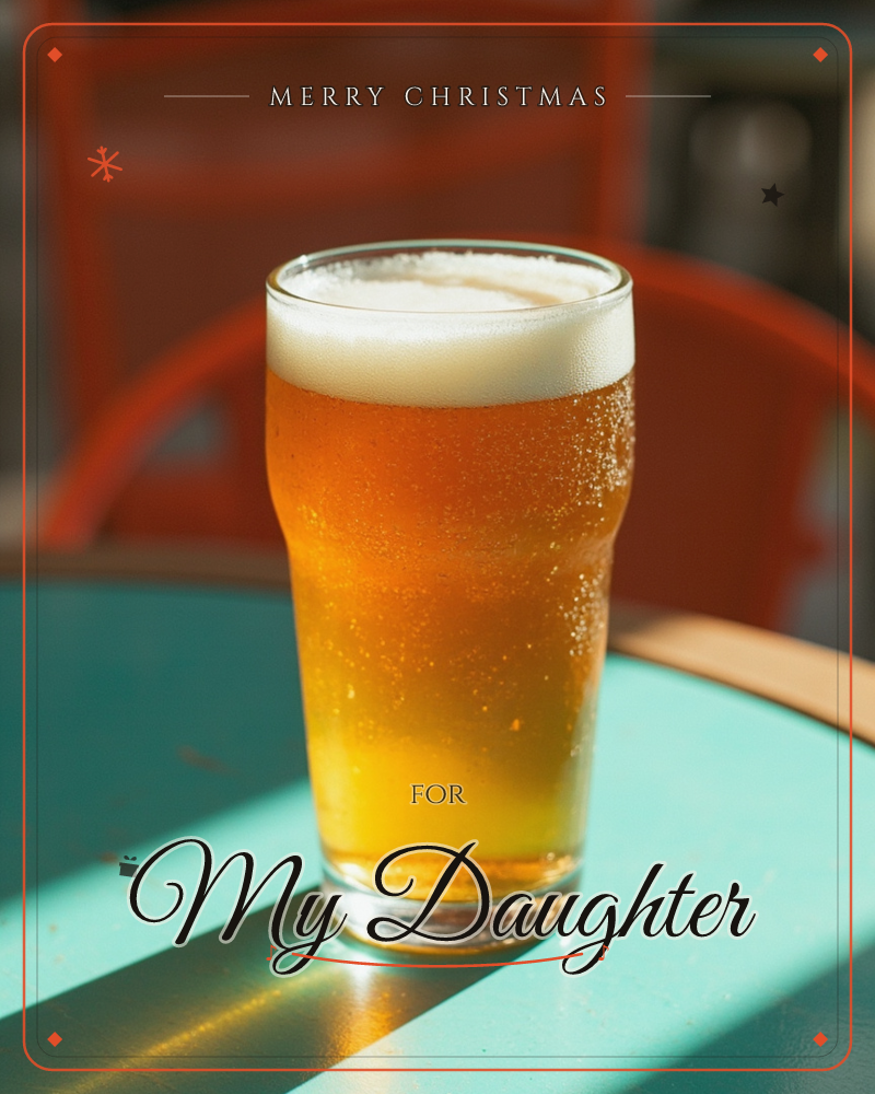 A frosty pint of amber beer sits on a turquoise café table, its foamy white head catching the sunlight, a christmas e-card design