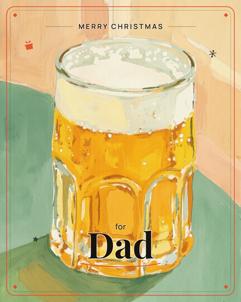 A single glass mug of golden beer sits on a sage-green tabletop, its foamy head painted in loose, creamy strokes, a christmas e-card design