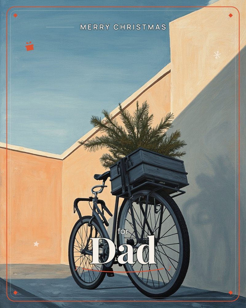 A dark bicycle leans against a warm terracotta wall, its rear rack holding a wooden crate stuffed with a small pine tree, a christmas e-card design