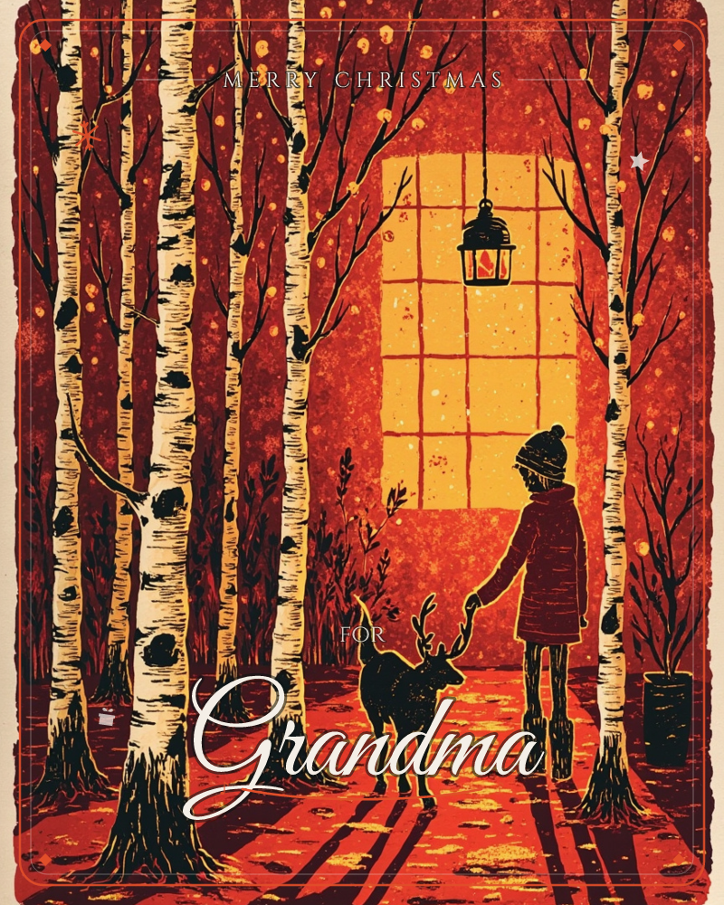 A silhouetted figure in a knit hat stands among tall birch trunks, reaching out to touch a small antlered deer beside them, a christmas e-card design