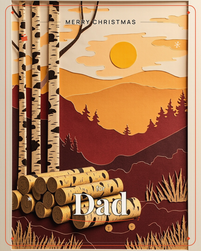 A layered paper-art landscape shows birch trees and a stack of cut birch logs in the foreground, with rolling hills and pine trees receding behind them…, a christmas e-card design