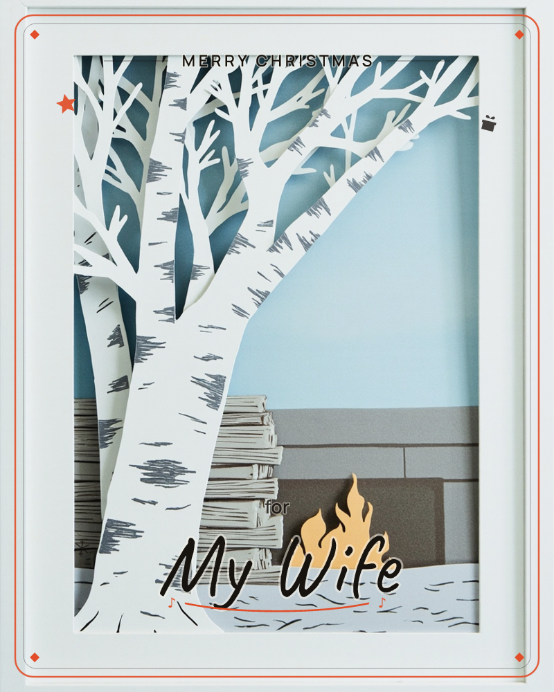 A layered paper-cut illustration shows bare white birch trees standing in front of a stacked woodpile and a small glowing campfire, all set against a…, a christmas e-card design