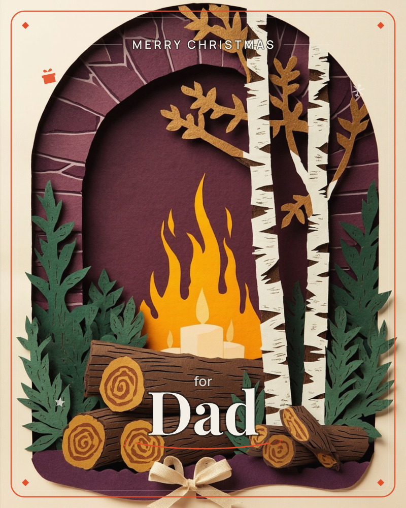 A layered paper-cut illustration shows a campfire scene inside an arched frame, with stacked birch logs, tall white birch trunks, and dark evergreen…, a christmas e-card design