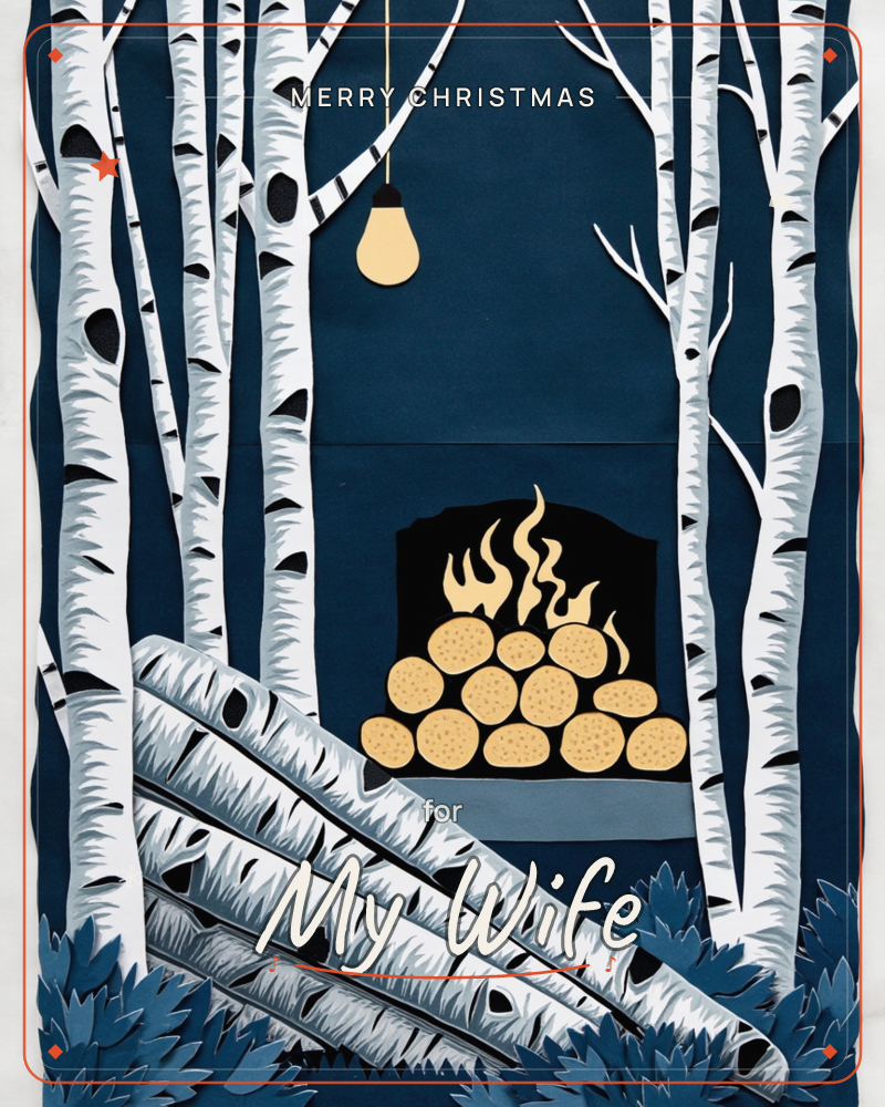 A papercut forest of white birch trees stands against deep navy night, with a single bulb hanging on a cord like a makeshift lantern, a christmas e-card design