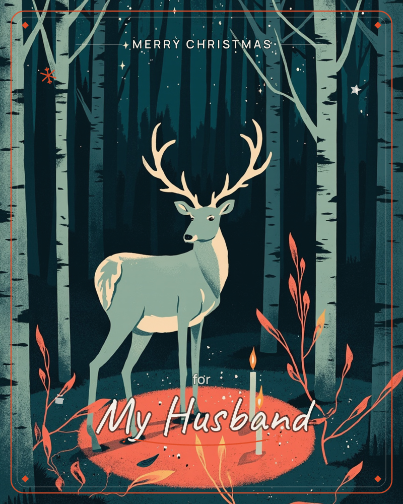 A stag with pale antlers stands alert in a starlit birch forest, its coat lit teal-green against the deep night, a christmas e-card design