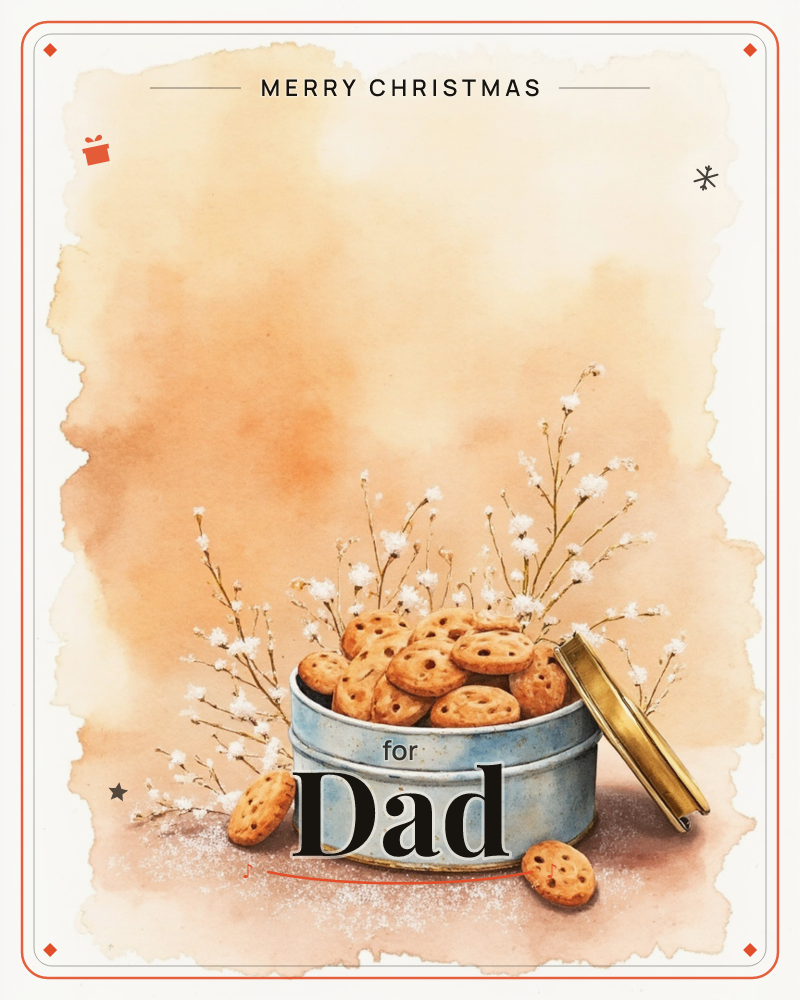 A pale blue tin with a gold lid propped open sits filled with round chocolate-chip cookies, a few spilling onto the surface below, a christmas e-card design