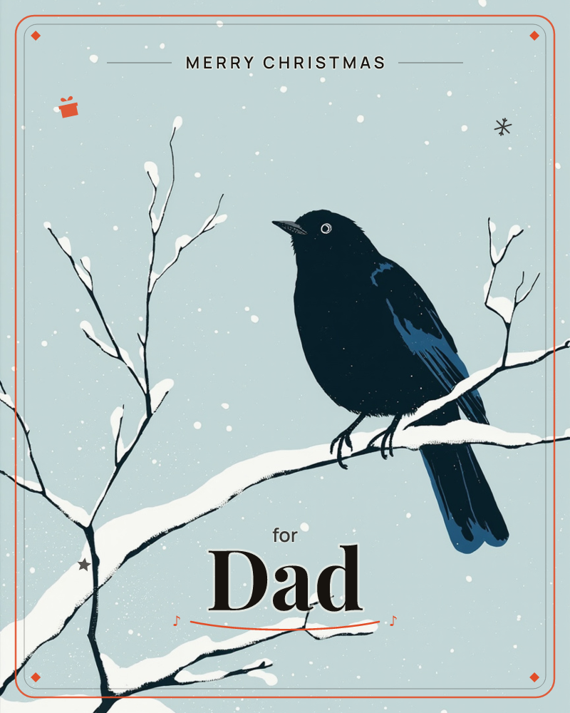 A dark blackbird with glossy blue-tinged feathers perches on a snow-lined branch against a pale winter sky, a christmas e-card design