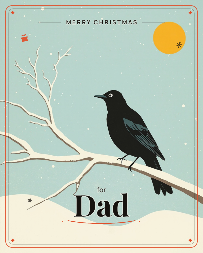 A single black bird with a glossy blue-green wing perches on a bare branch against a soft sage sky, snow drifting down and a mustard-yellow sun glowing…, a christmas e-card design
