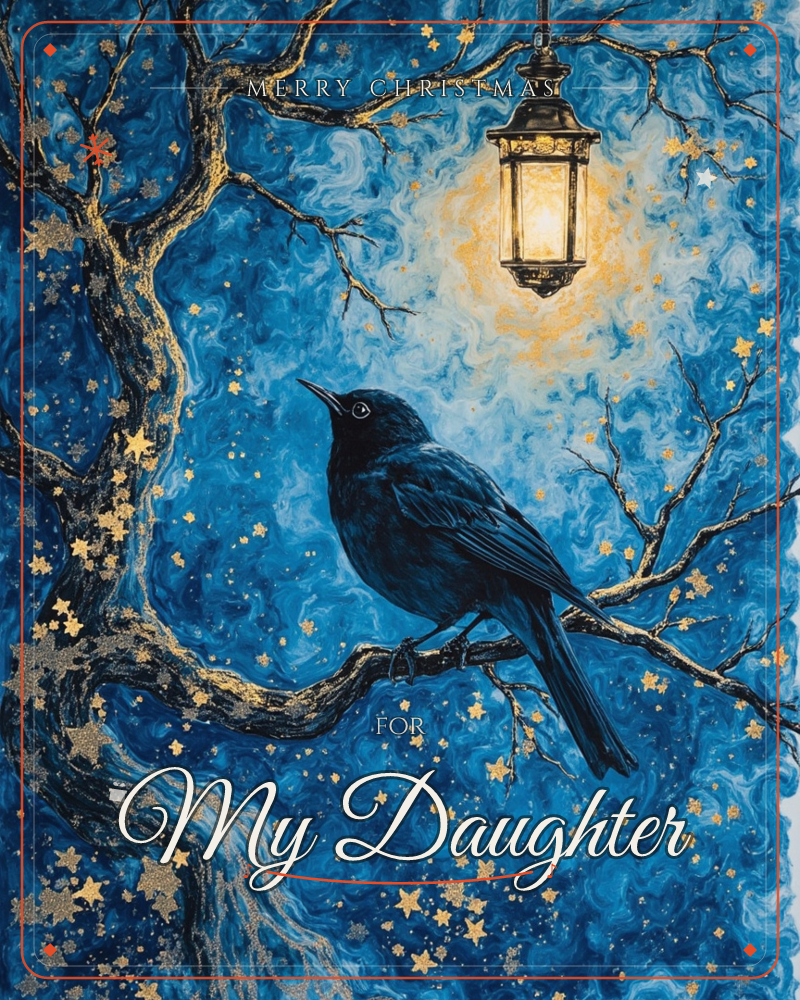 A dark bird perches on a gnarled, gold-flecked branch beneath an antique lantern glowing against a swirling deep blue night sky scattered with tiny…, a christmas e-card design