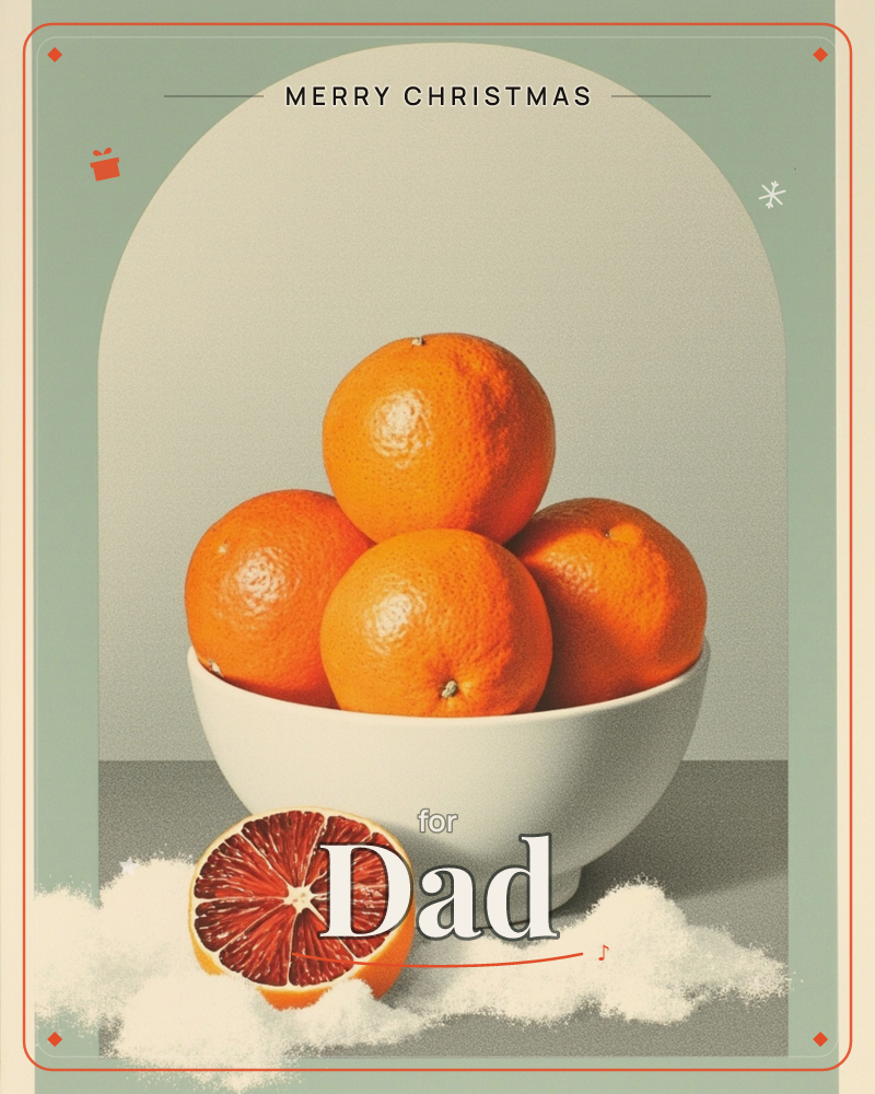 A white bowl piled with whole oranges sits inside a pale sage archway, with a halved blood orange resting in front on a drift of white fluff, a christmas e-card design