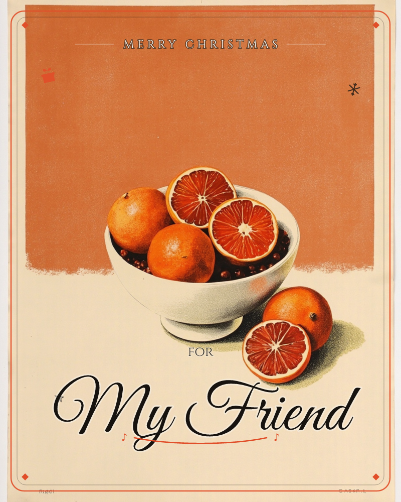 A white footed bowl holds whole and halved blood oranges, their deep red flesh cut open against the rind, set on a plain tabletop with a burnt-orange…, a christmas e-card design