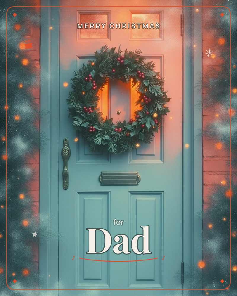 A pale blue front door glows with warm amber light spilling from its glass panels, a holly wreath dotted with red berries and tiny fairy lights hung at…, a christmas e-card design