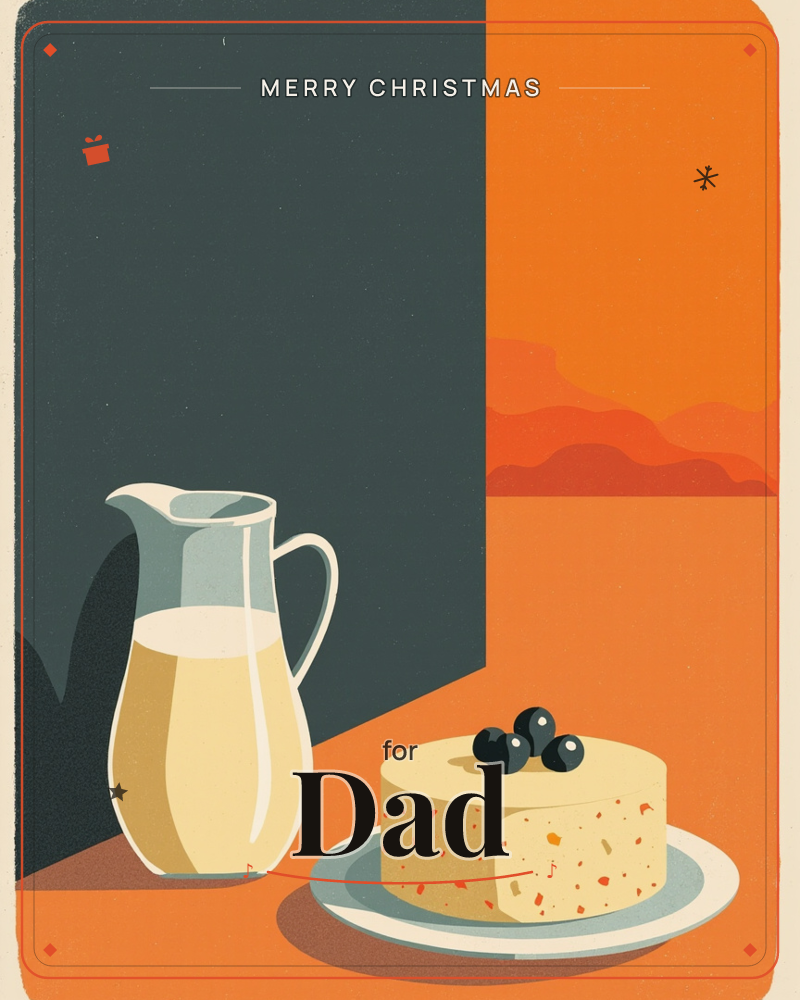 A still life shows a glass pitcher of pale golden liquid beside a round speckled cake topped with three dark berries, set against a split background of…, a christmas e-card design