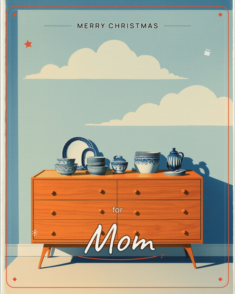 A mid-century orange sideboard stands against a flat sky-blue wall painted with stylised puffy clouds, its six drawers casting a long crisp shadow…, a christmas e-card design