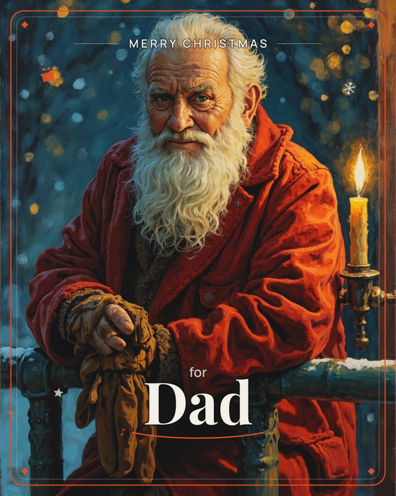 An elderly bearded man in a weathered red coat leans on a wrought-iron railing, gloves clasped in one hand, beside a lit candle in a brass holder, a christmas e-card design