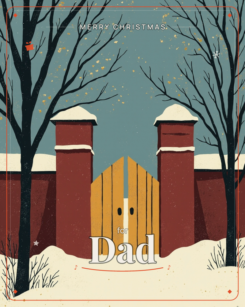 A wooden pointed-top gate stands slightly ajar between two brick pillars capped with snow, set into a rust-red wall flanked by bare winter trees, a christmas e-card design