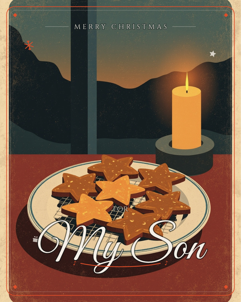 A plate of star-shaped gingerbread cookies sits on a deep red tabletop beside a lit candle, with a window behind showing dusky mountain silhouettes at…, a christmas e-card design