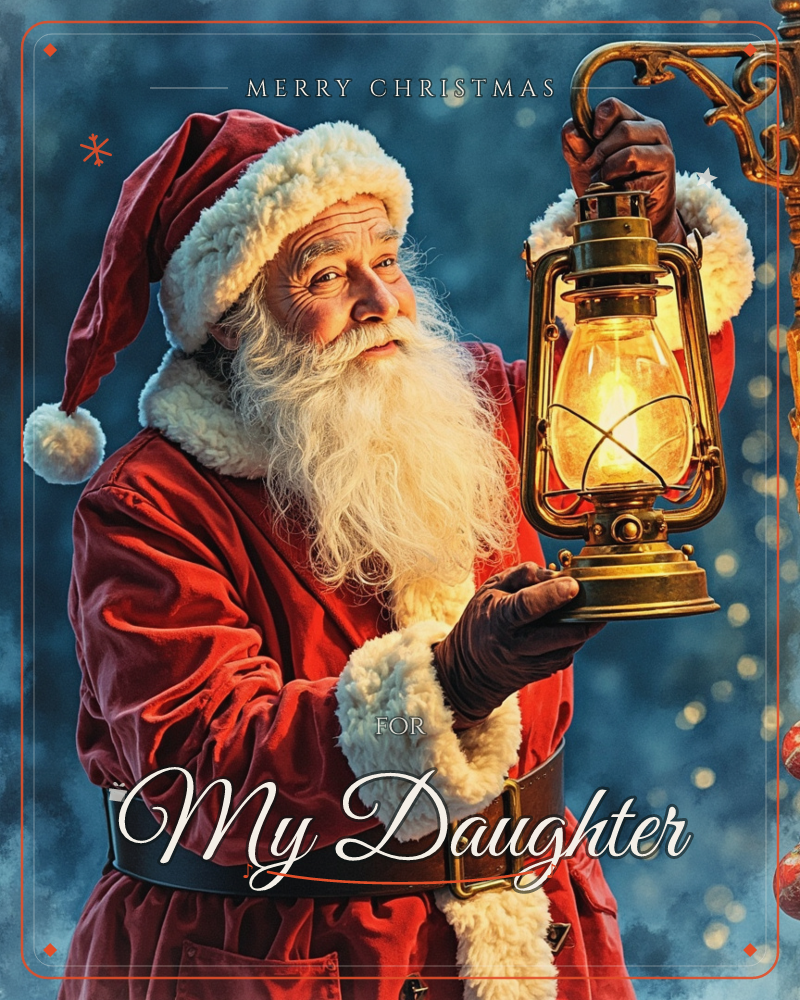 Santa Claus stands against a soft blue, snow-dappled background, holding up a glowing brass lantern to study its light, a christmas e-card design