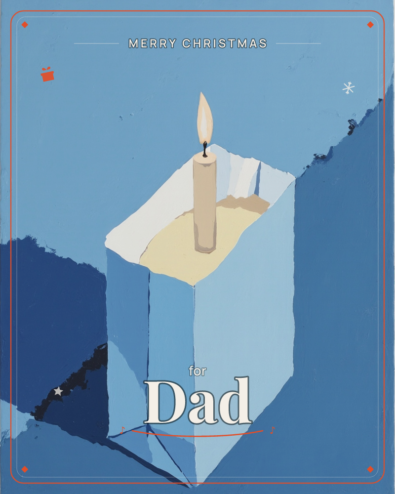 A single lit candle stands inside a pale blue box against a flat expanse of blue, its steady flame the only warm note in the whole composition, a christmas e-card design