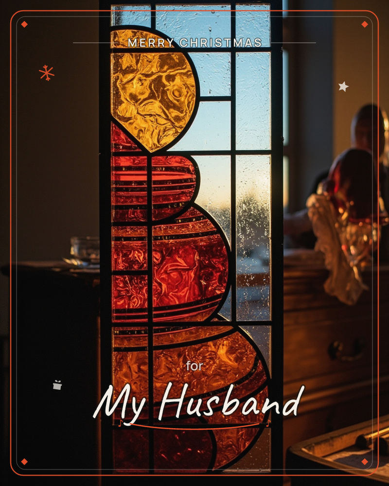 A tall stained-glass panel glows amber and crimson as low sunlight passes through its stacked circular shapes, leading lines dividing the window into a…, a christmas e-card design