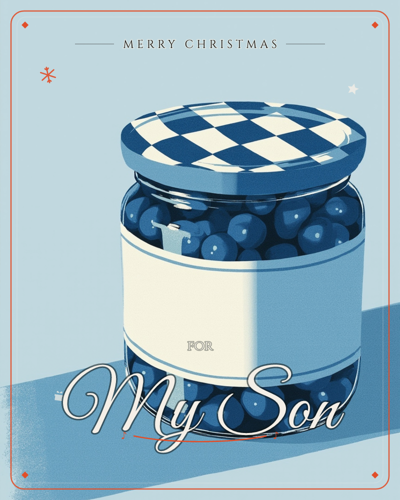 A glass jar of preserved berries sits on a plain tabletop, its lid printed with a bold checkered pattern and a blank cream label wrapped around the middle, a christmas e-card design