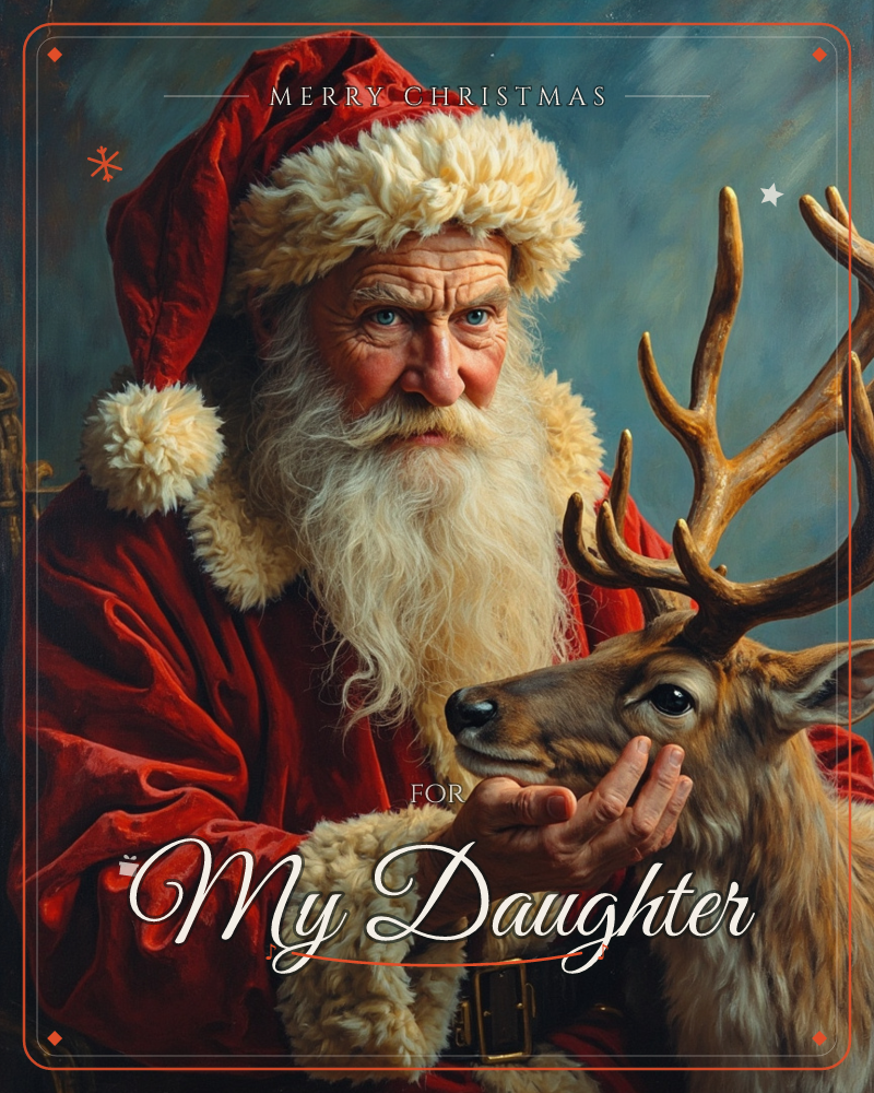 A richly painted portrait shows Santa Claus in his red velvet coat and fur-trimmed hat, gently cradling the face of an antlered reindeer with one…, a christmas e-card design