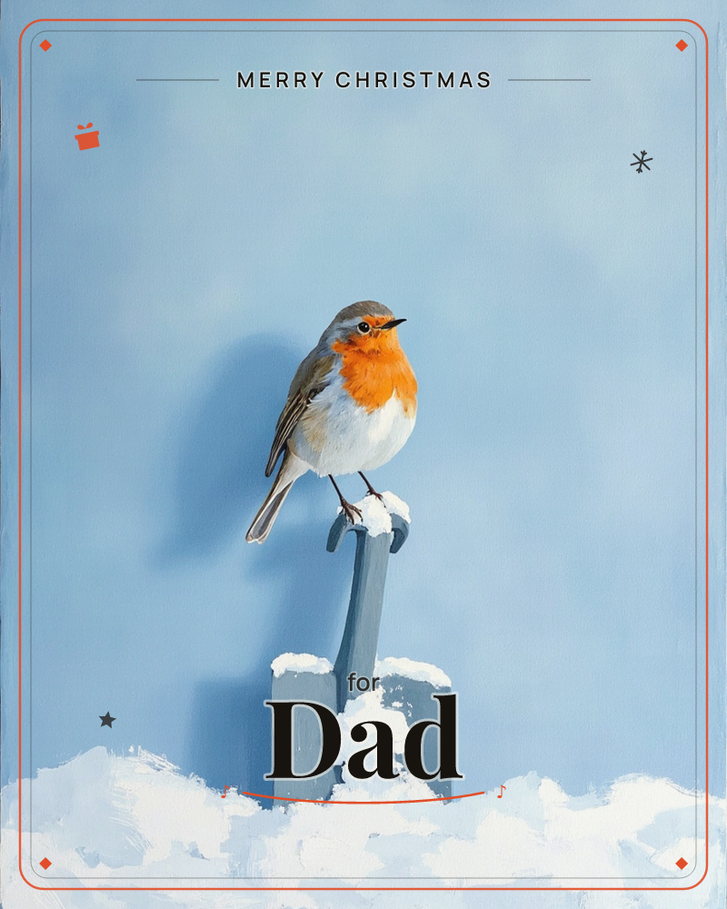 A robin with a bright orange breast perches on the snow-topped handle of a garden spade, set against a soft powder-blue background, a christmas e-card design