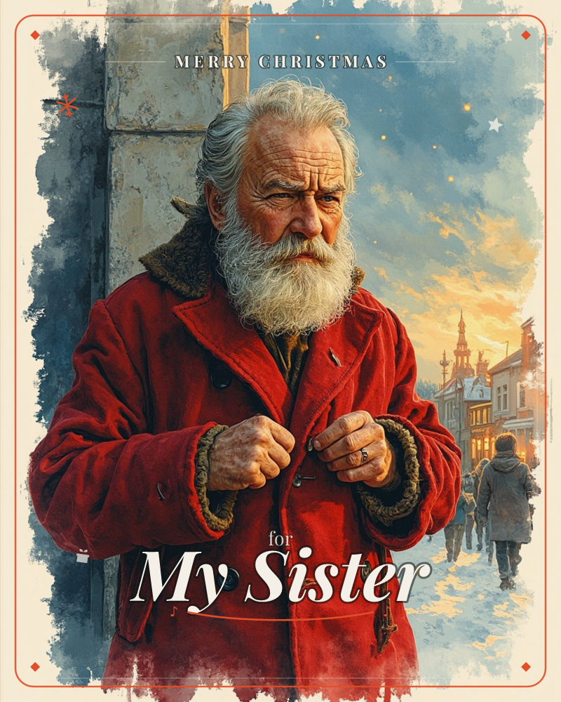 An older man with a thick white beard buttons up his heavy red coat against the cold, standing at the edge of a snowy town street at dusk, a christmas e-card design
