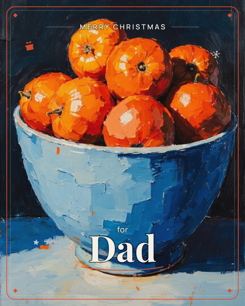 A pale blue ceramic bowl sits piled high with bright orange citrus fruit, painted in bold, textured brushstrokes against a near-black background, a christmas e-card design