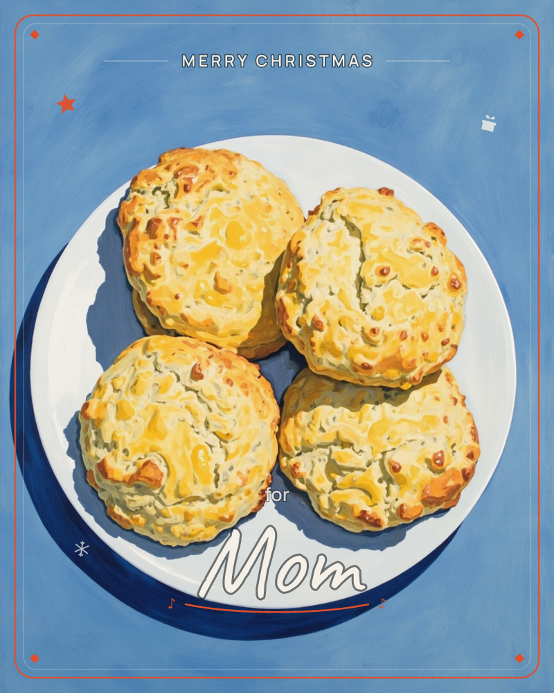 A white plate holds four golden cheese biscuits, viewed straight from above against a flat, sunny blue background, a christmas e-card design