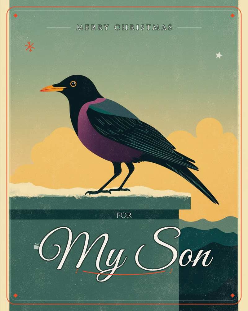 A glossy blackbird with an iridescent purple-green breast and bright orange beak perches on a snow-dusted stone ledge, a christmas e-card design